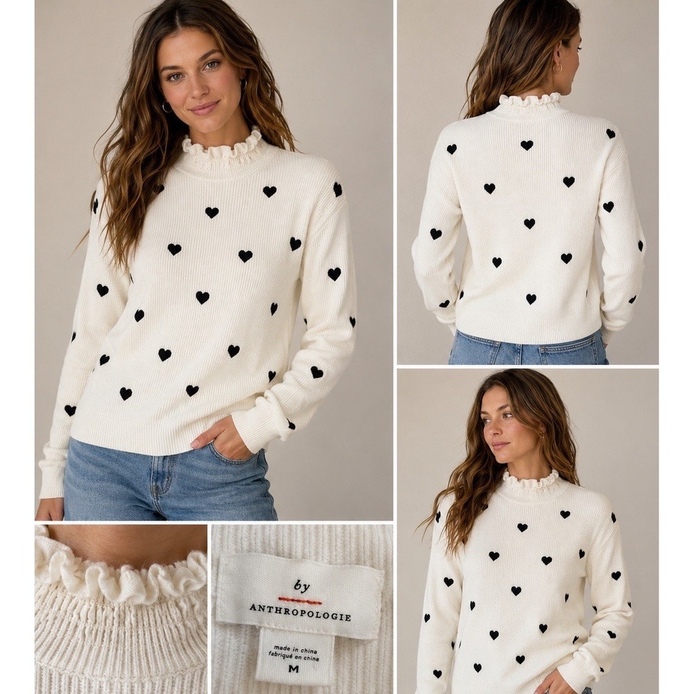 Anthropologie M Ivory Heart Sweater Ruffle Mock Neck Cottagecore Coquette
